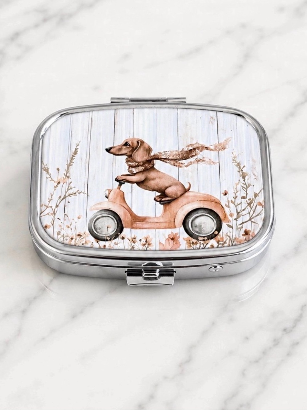 Puppy Riding Scooter Purse Pill Box/Travel Jewelry-Compact With Lidded Mirror